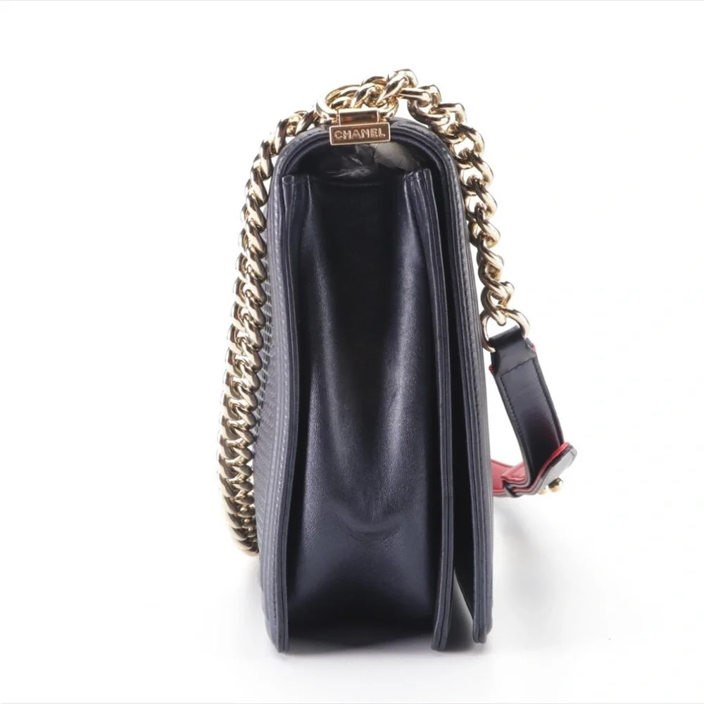 Chanel Large Boy Bag 2014 Resort Cube-Embossed Dark Blue Lambskin